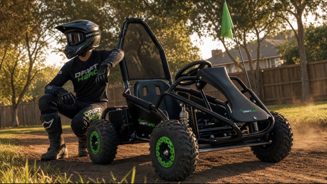 Young rider in gear crouching beside the Drift Hero 1-Seater Electric go-kart