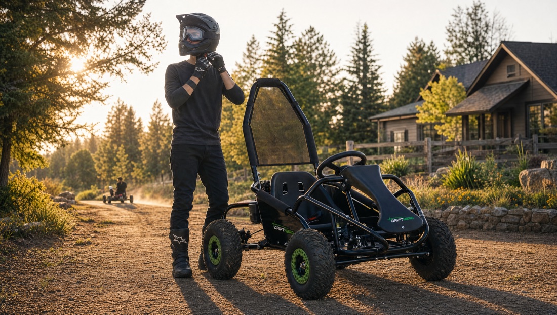 Rider standing next to the Drift Hero 1-Seater Gas go-kart on a dirt road at sunset