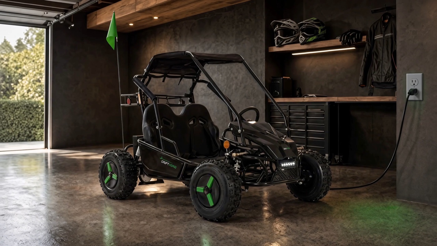 Drift Hero two-seat electric go-kart in a garage