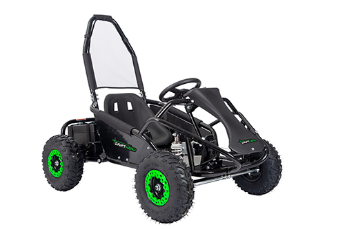Electric one-seat Drift Hero go-kart with roll cage and green wheels
