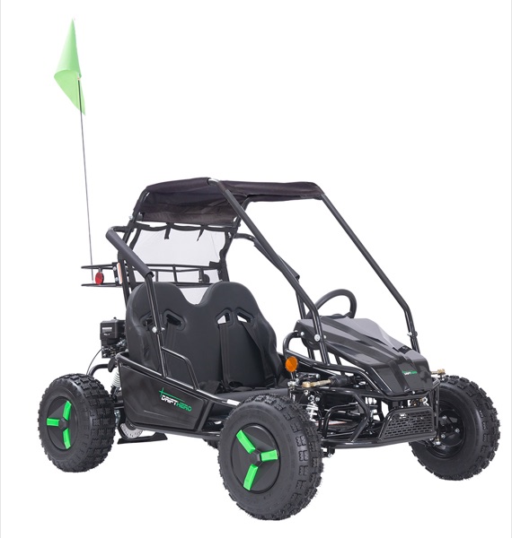 Gas-powered two-seat Drift Hero go-kart in black with green wheels and a safety flag