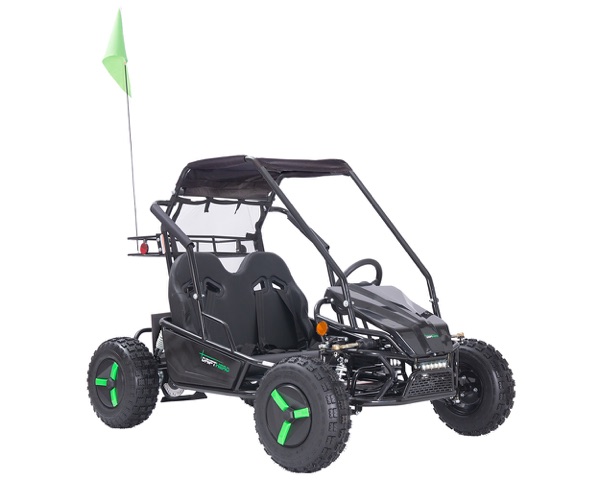 Electric two-seat Drift Hero go-kart in black with neon green wheels and a safety flag