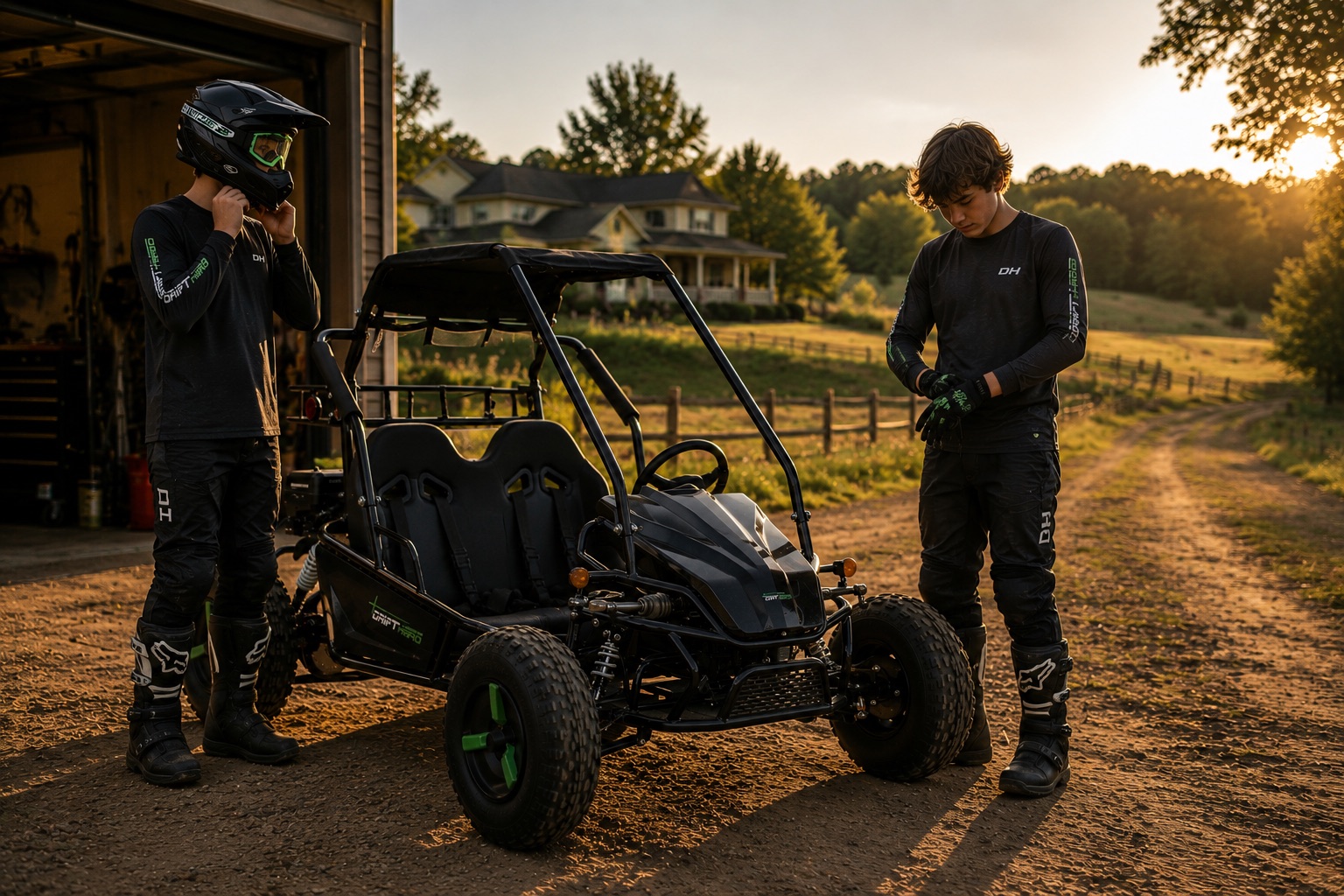 Two young riders in Drift Hero gear with an off-road kart at sunset