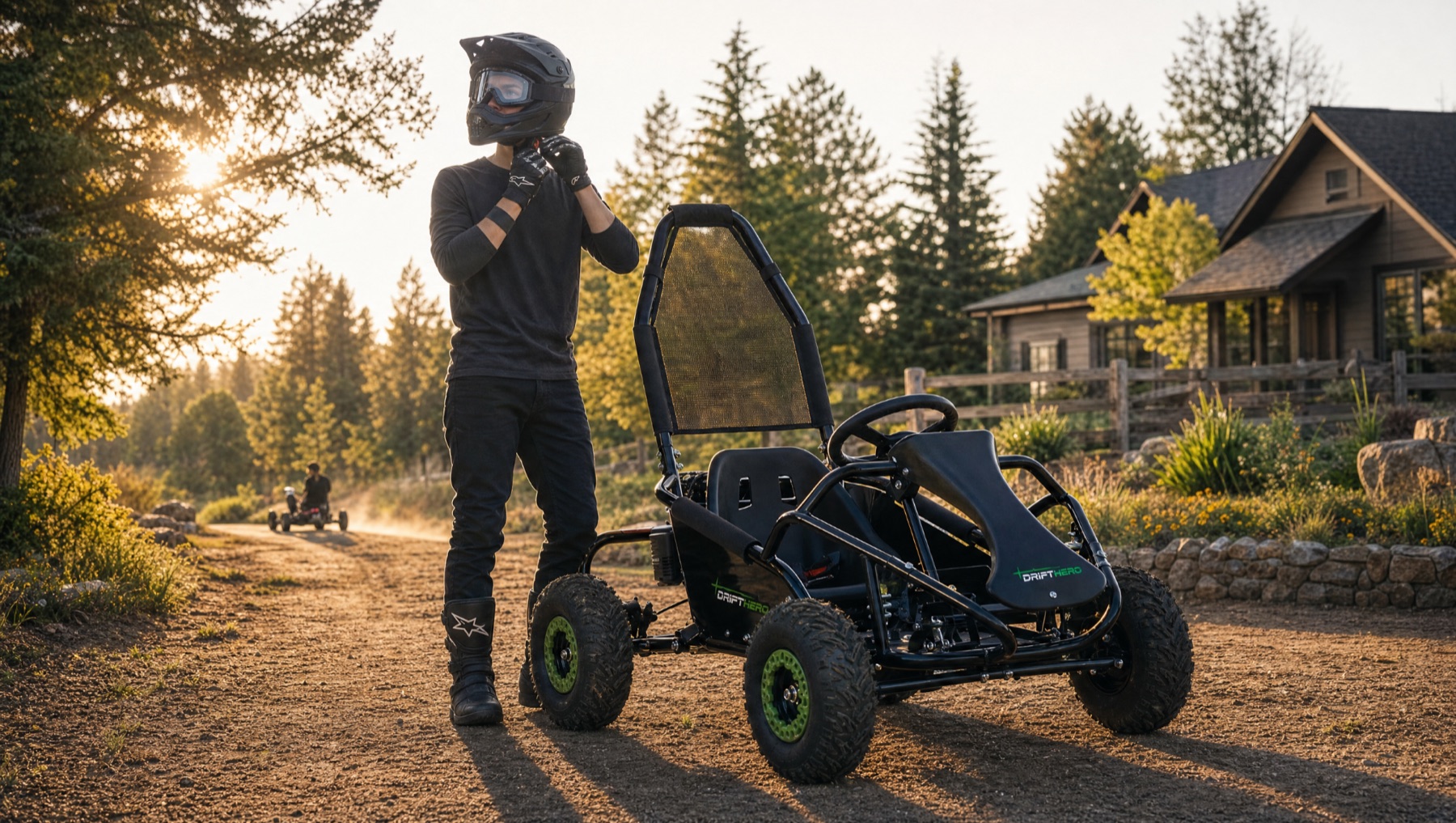 Young rider standing next to a compact go-kart in a backyard