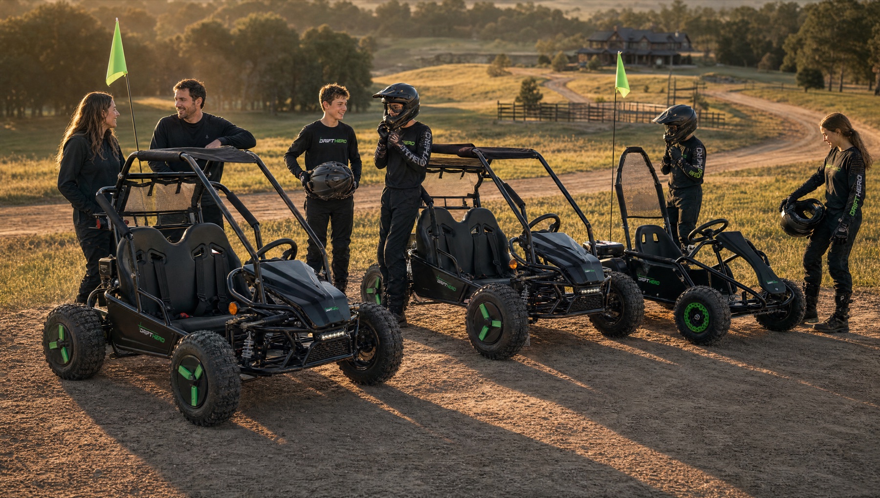 Group of young riders with their go-karts at a ranch at sunset