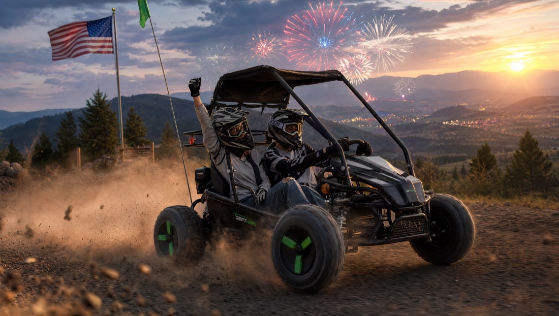 Two riders racing a go-kart on a dirt track under fireworks