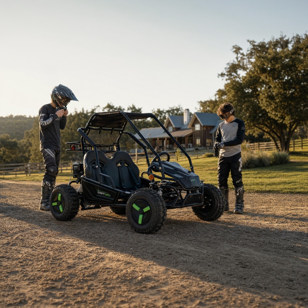 Rider in a helmet beside a black off-road go-kart on a dirt yard