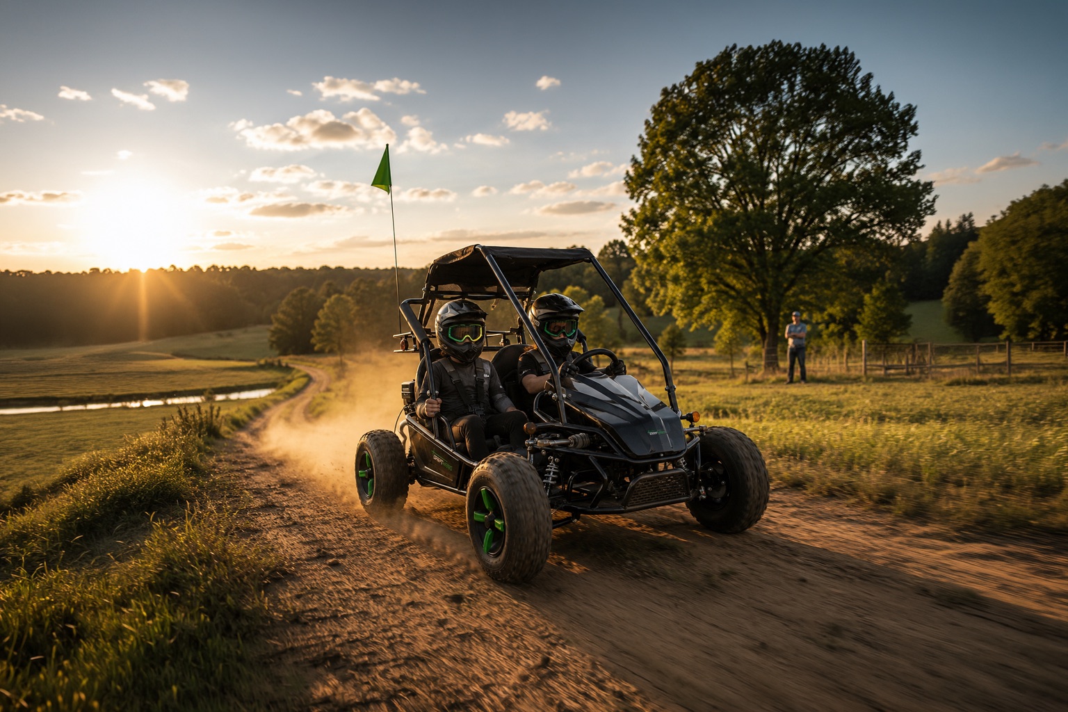 Teen drifting a go-kart across a dirt field at sunset
