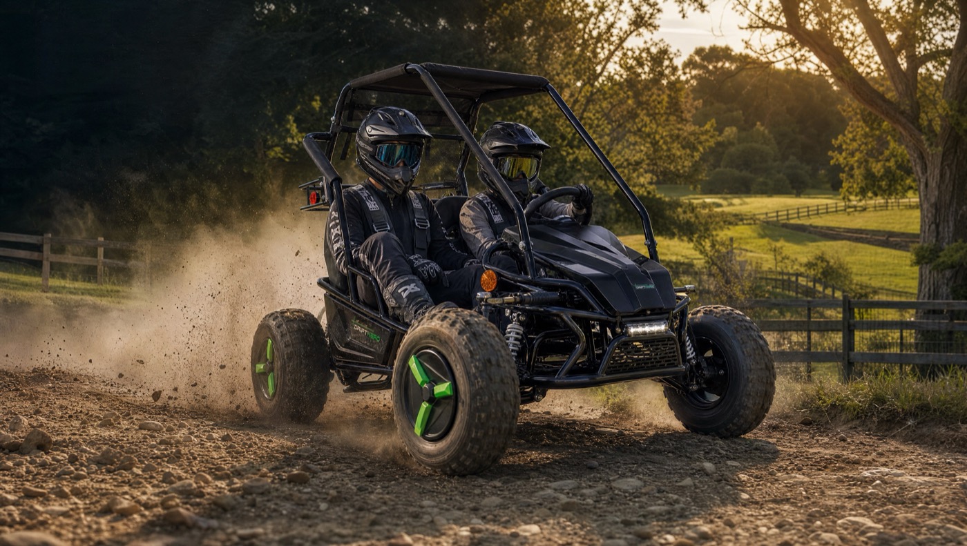 A Drift Hero kart kicking up dirt on a rugged trail at golden hour