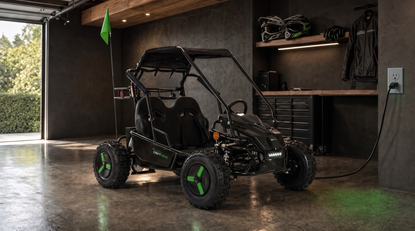 A premium electric go-kart parked in a clean, modern garage