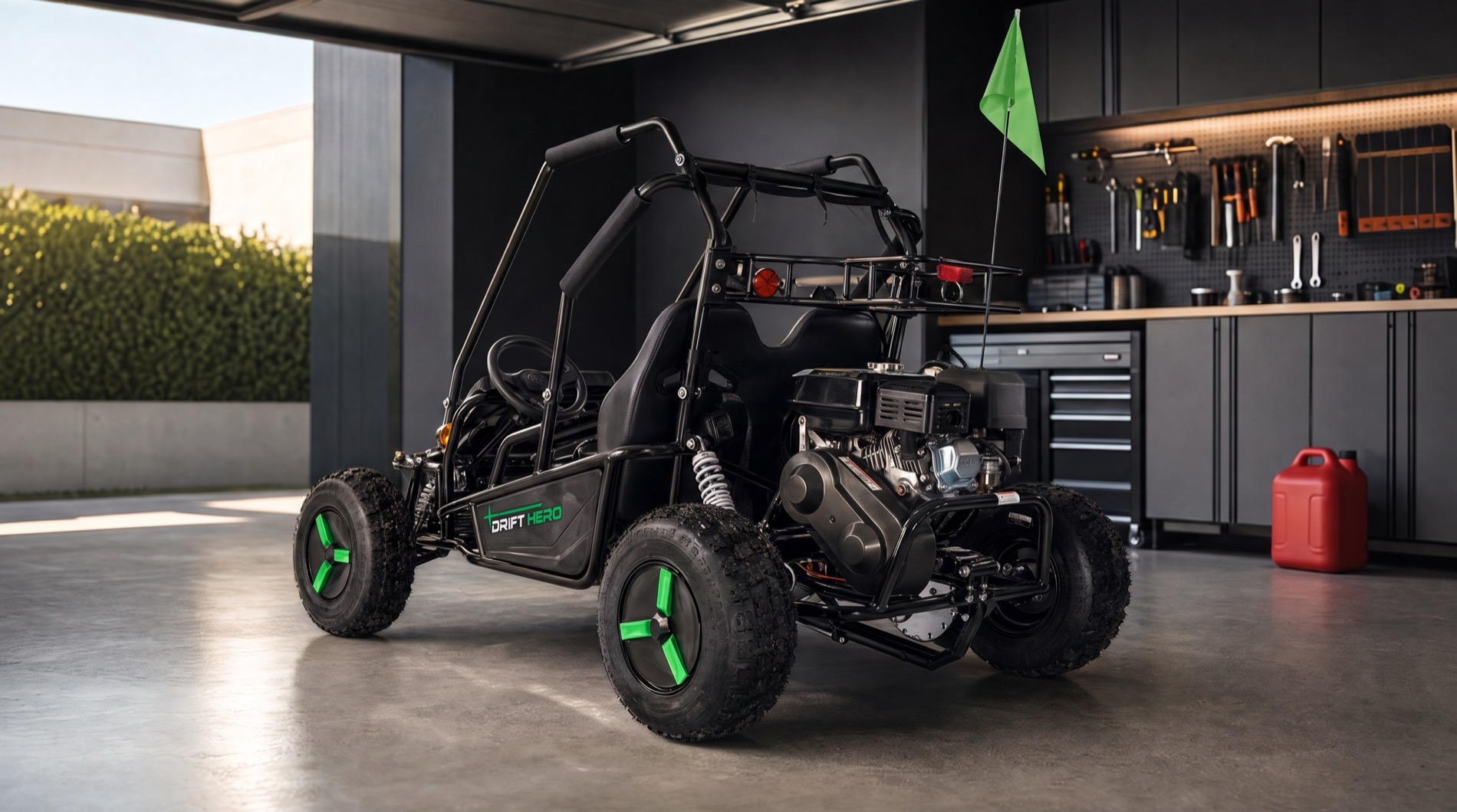 A black go-kart with green wheels showing its raised frame and long-travel suspension