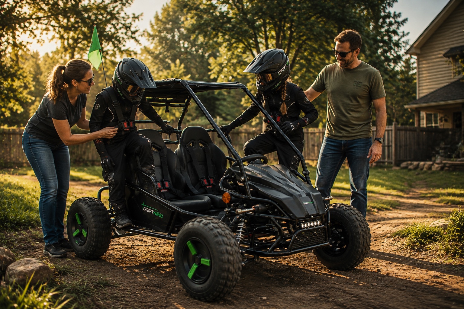 Parents helping two helmeted kids buckle into a black Drift Hero go-kart in a backyard