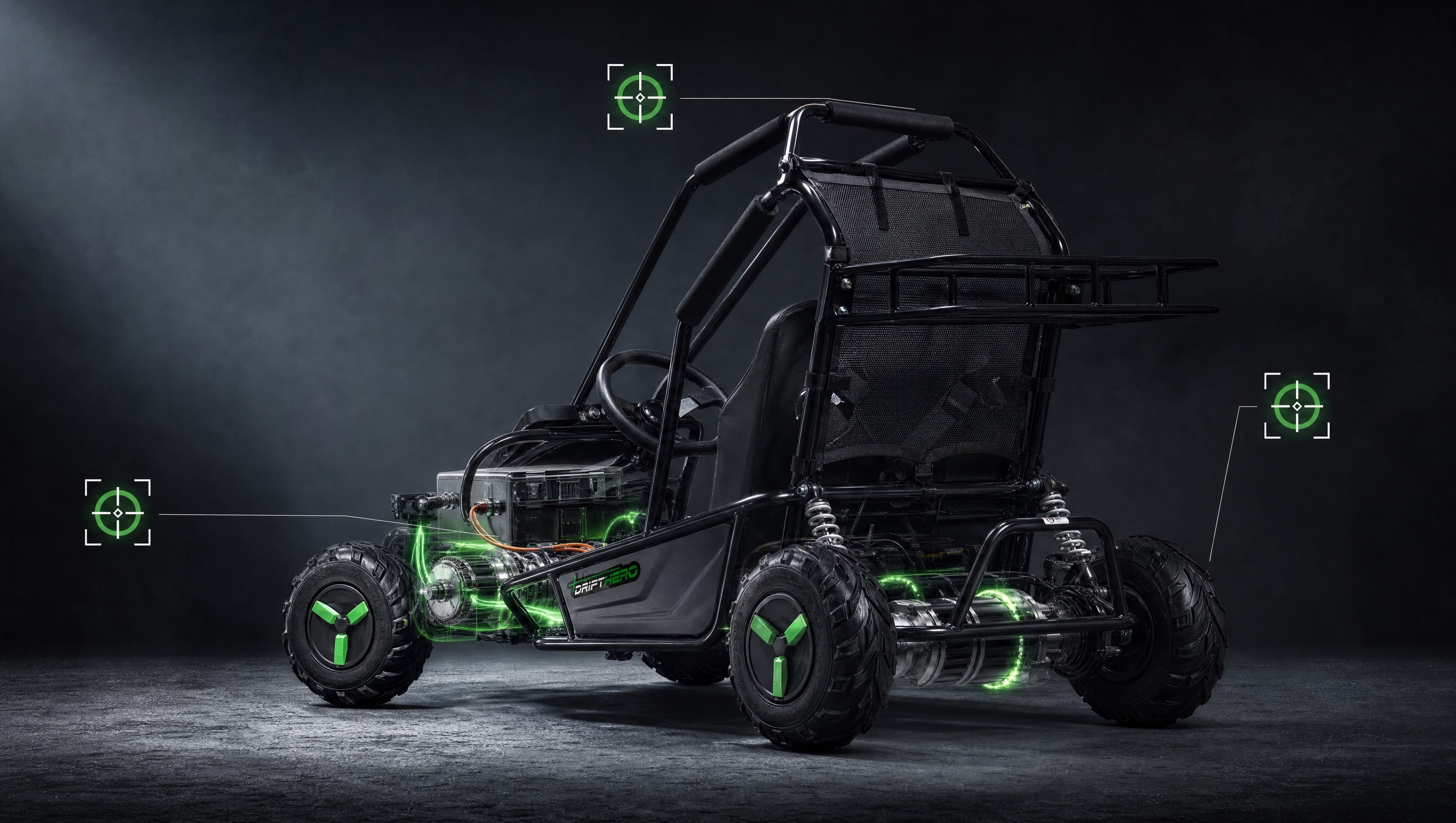 Close-up of a Drift Hero kart's rear suspension and glowing green electric drivetrain