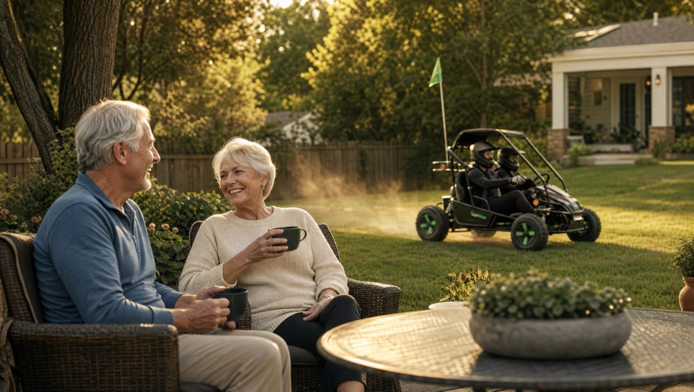 Grandparents relaxing on a patio while an electric go-kart sits quietly in the backyard