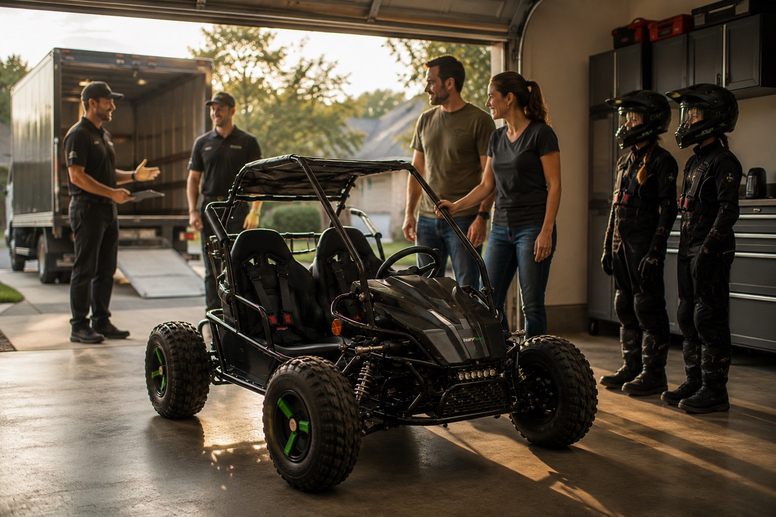 A Drift Hero technician talking with a family beside their go-kart in a workshop