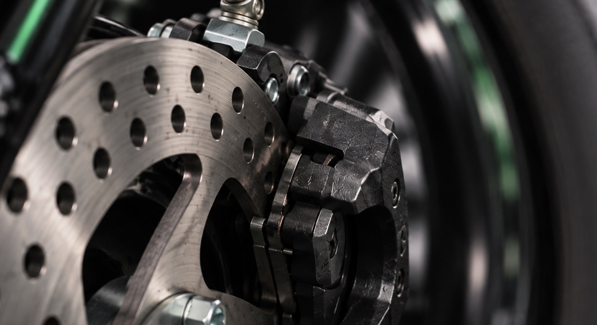 Close detail of the go-kart disc brake and caliper